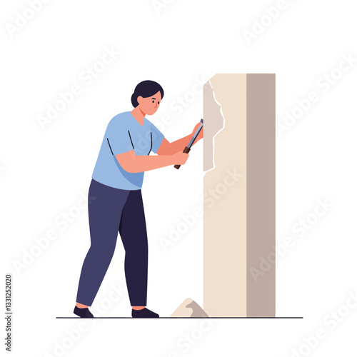 Sculptor chiseling stone in minimal flat design vector illustration