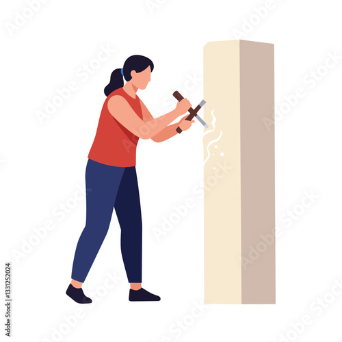 Woman chiseling marble with a hammer in minimal vector art style vector illustration