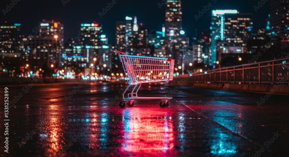 Obraz premium Night City Shopping Cart - Empty shopping cart on a wet city street at night, with a vibrant cityscape in the background. Reflecting lights