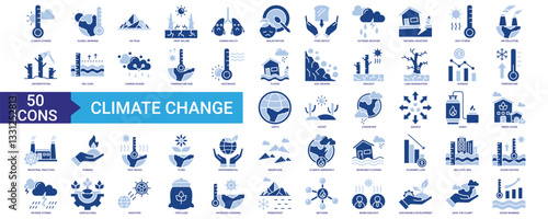 Climate change icon collection set. Containing global warming, human health, temperature, earth, heat, atmospher, burning, and deforestation icon. Simple flat vector