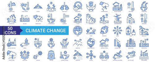 Climate change icon collection set. Containing global warming, human health, temperature, earth, heat, atmospher, burning, and deforestation icon. Simple blue vector