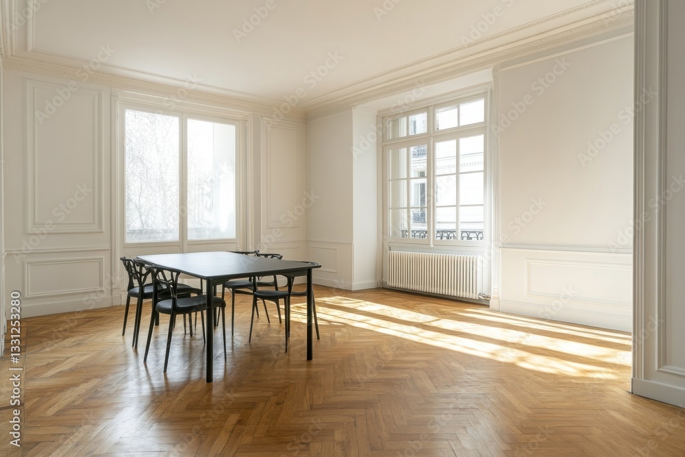 Fototapeta premium Sunlit empty room with hardwood floors, large windows, and dining table.