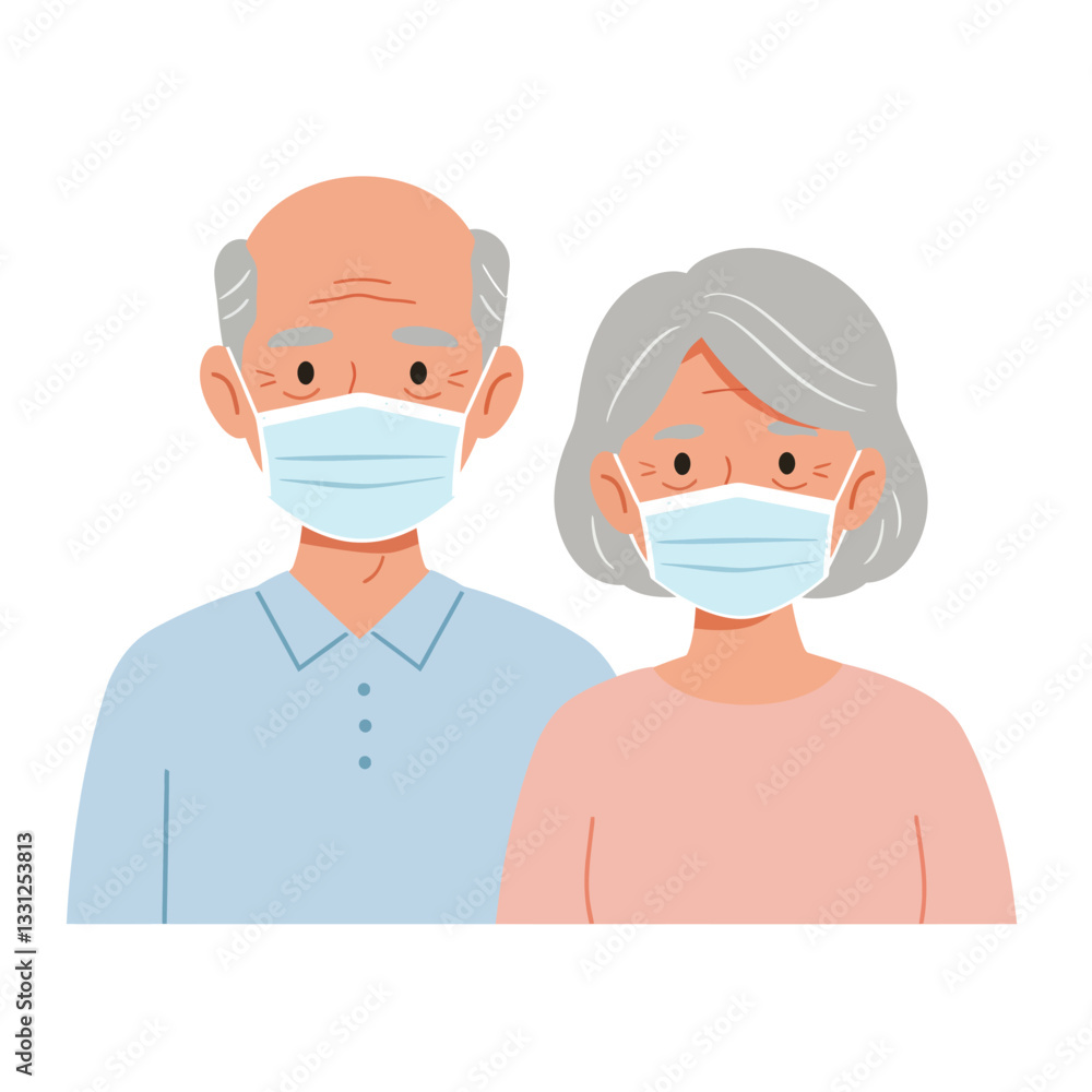 Elderly couple wearing face masks in flat vector illustration style Elderly couple wearing face masks in flat vector illustration style