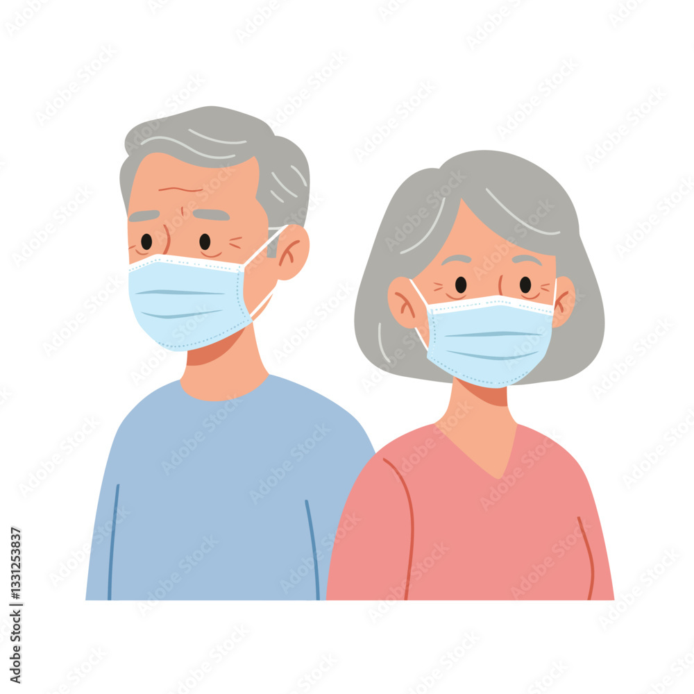 Elderly couple wearing masks in flat design style vector art Elderly couple wearing masks in flat design style vector art