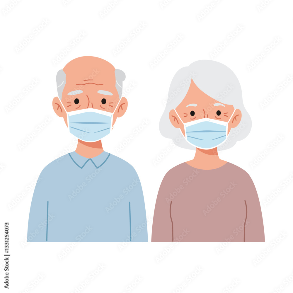 Elderly couple wearing face masks in flat minimal vector art illustration Elderly couple wearing face masks in flat minimal vector art illustration
