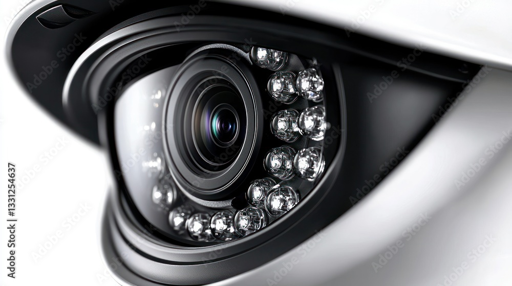 Security camera close-up showing lens and LEDs, on white background Security camera close-up showing lens and LEDs, on white background