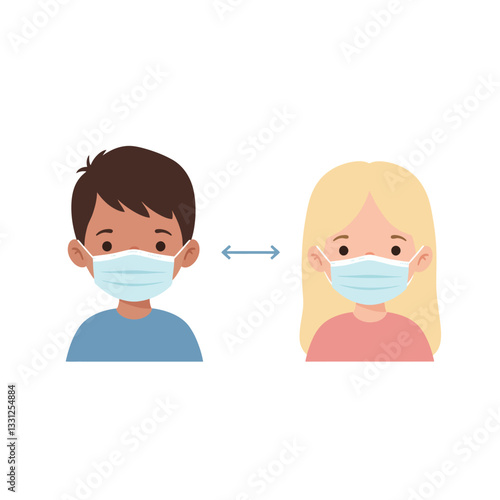 Children wearing face masks in a flat style vector illustration showing social distancing concept