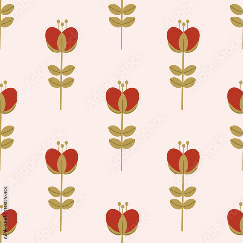 Seamless pattern with an unopened red flower on a pink background.