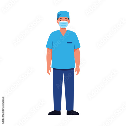 Doctor in scrubs wearing a mask in flat vector art style vector illustration