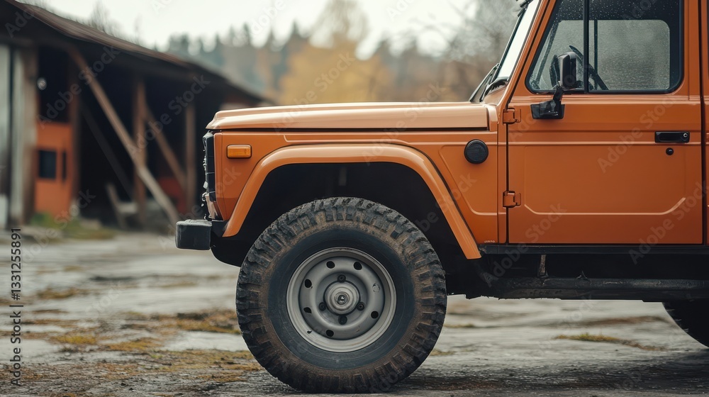 Obraz premium Orange off-road vehicle parked in a rural setting near a barn, showcasing rugged tires and classic design.