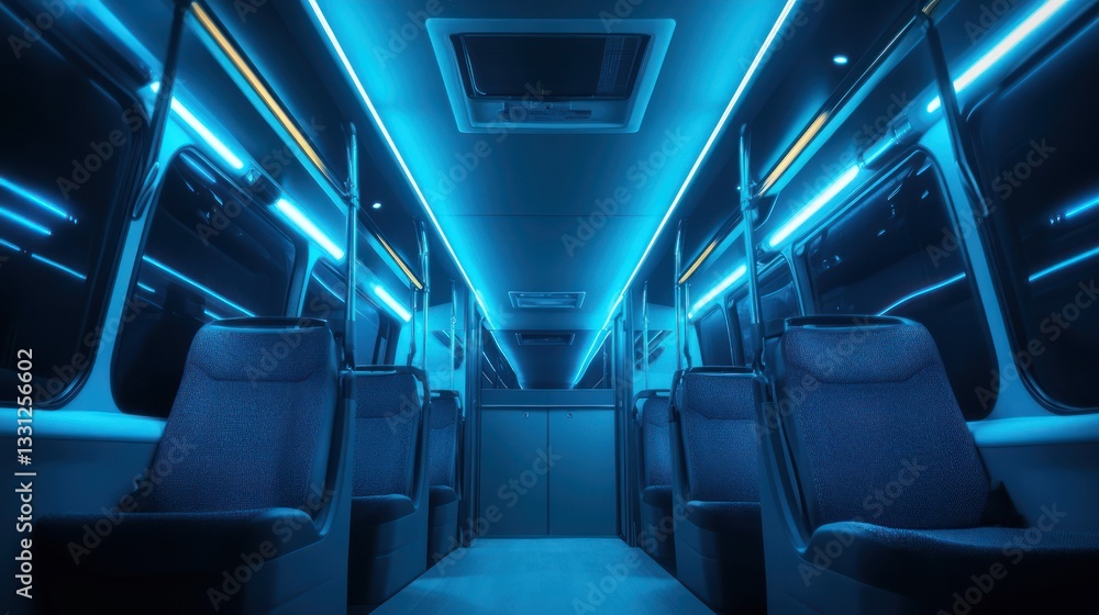 Obraz premium Blue-lit bus interior, night, empty seats, city lights