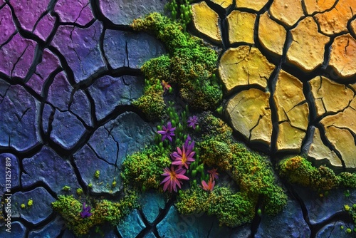 Colorful Cracked Earth Texture with Moss and Flowers, Abstract Environmental Revival Concept