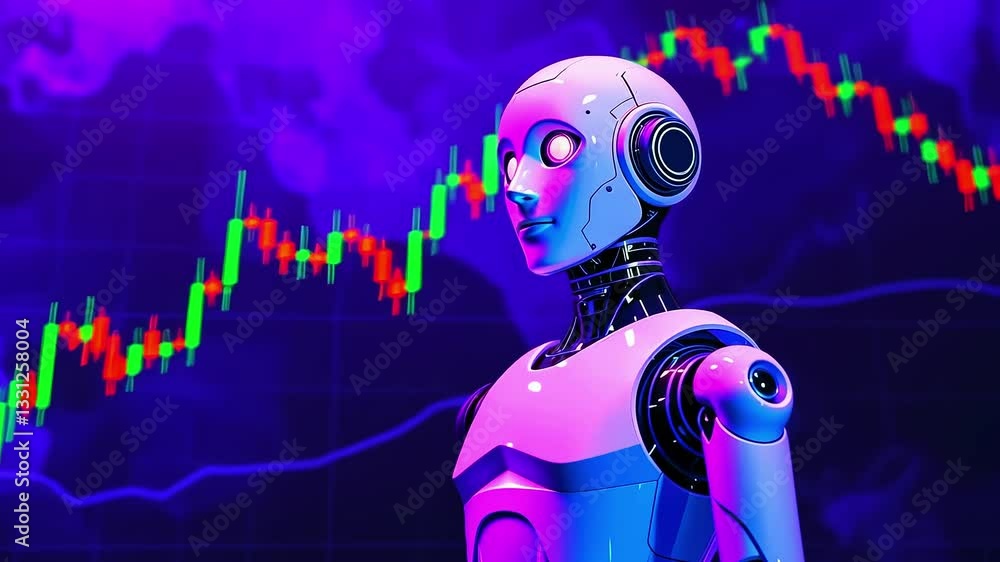 Futuristic robot analyzing stock market trends with vibrant graphs in ...