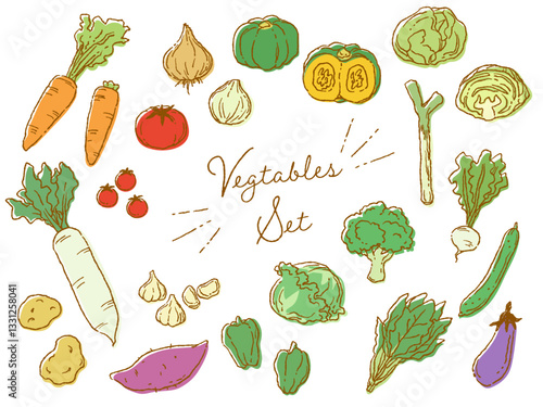 おしゃれでラフな雰囲気の野菜のベクターイラストセット(カラー)