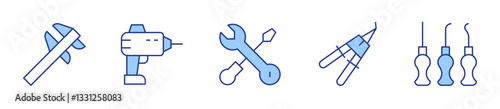 pliers, awl, caliper, drill, tools. Tools Icon vector illustration. Line Duotone style. Editable stroke