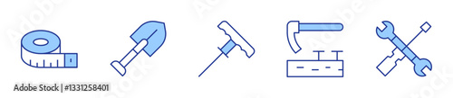 shovel, plugger, adze, tool, measuring tape. Tools Icon vector illustration. Line Duotone style. Editable stroke