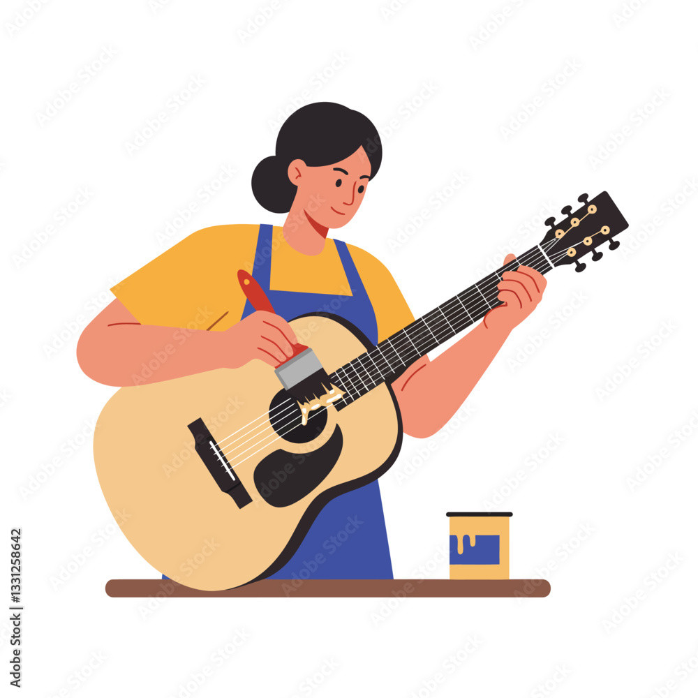 Obraz premium Woman painting guitar with brush in flat design vector illustration
