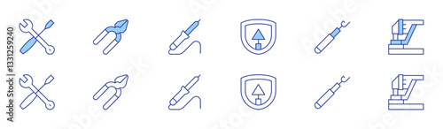 Tools icon set in two styles, Duotone and Thin Line style. Editable stroke. maintenance, pliers, triangular shovel, tool, welder, sander