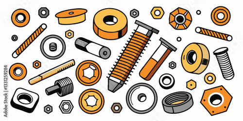 Hand-Drawn Vector Illustration of Fasteners: Nuts, Bolts, Screws, Washers, & Hardware Elements for Industrial Design & Engineering Projects