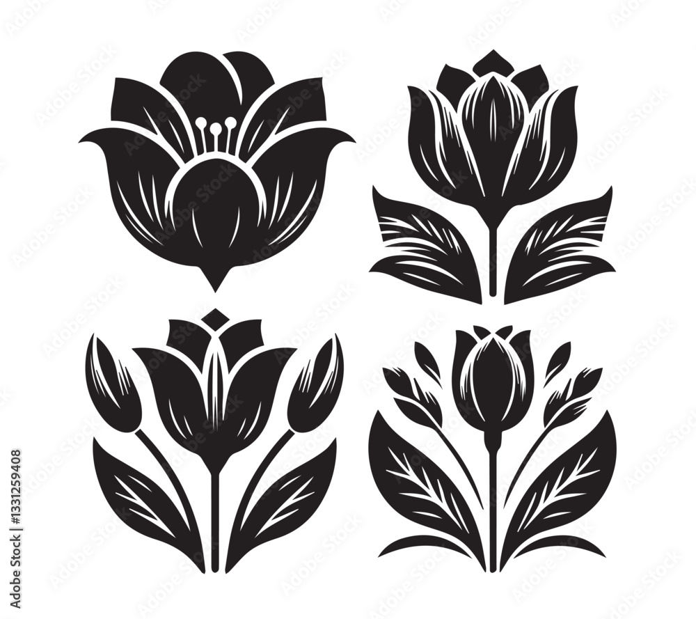 Fototapeta premium Black and White Silhouette set Tulip Designs