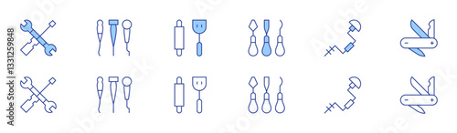 Tools icon set in two styles, Duotone and Thin Line style. Editable stroke. tool, tools, kitchen tools, sculpture, hand drill, swiss army knife