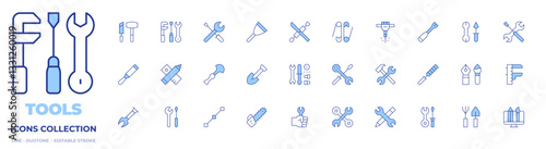 Tools icons collection. Line Duotone style, editable stroke. chainsaw, settings, leather, putty knife, rasp, spatula, shovel, repair, tool, design tools, tools