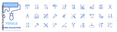 Tools icons collection. Line Duotone style, editable stroke. paint roller, shovel, measure tape, pliers, drill, square ruler, screw driver, nut, tools, wrench