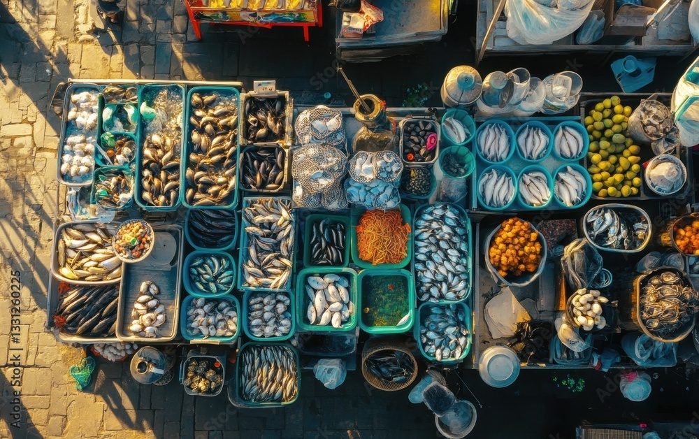 Fototapeta premium Vibrant Fish Market Stall Aerial View of Fresh Seafood, Shellfish, and Lemons in Colorful Containers.