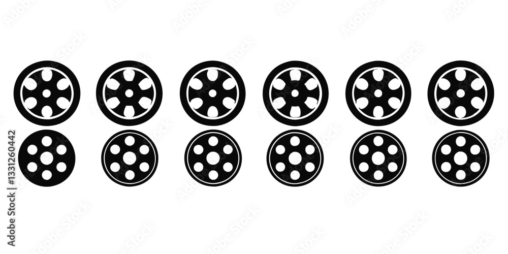 Black and White Vector Graphic of Six Wheels with Circular Spokes, Automotive Design, Transportation Icon, Car Part Illustration Black and White Vector Graphic of Six Wheels with Circular Spokes, Automotive Design, Transportation Icon, Car Part Illustration