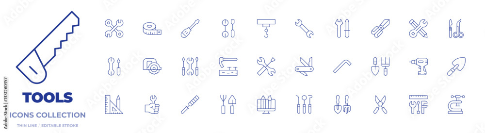 Tools icons collection. Thin Line icons, editable stroke. rasp, allen key, saw, wrench, clamp, adze, gardening tools, construction and tools, tools, tool Tools icons collection. Thin Line icons, editable stroke. rasp, allen key, saw, wrench, clamp, adze, gardening tools, construction and tools, tools, tool