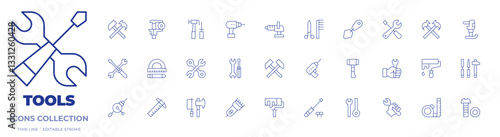 Tools icons collection. Thin Line icons, editable stroke. crossed hammers, paint roller, hand drill, polisher, measure tape, precision, drill, nut, tools