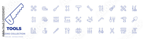 Tools icons collection. Thin Line icons, editable stroke. rasp, allen key, saw, wrench, clamp, adze, gardening tools, construction and tools, tools, tool