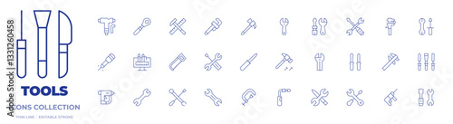 Tools icons collection. Thin Line icons, editable stroke. nail gun, hammer, measure, skate, clamp, rotary hammer, jackhammer, awl, caliper, torque wrench