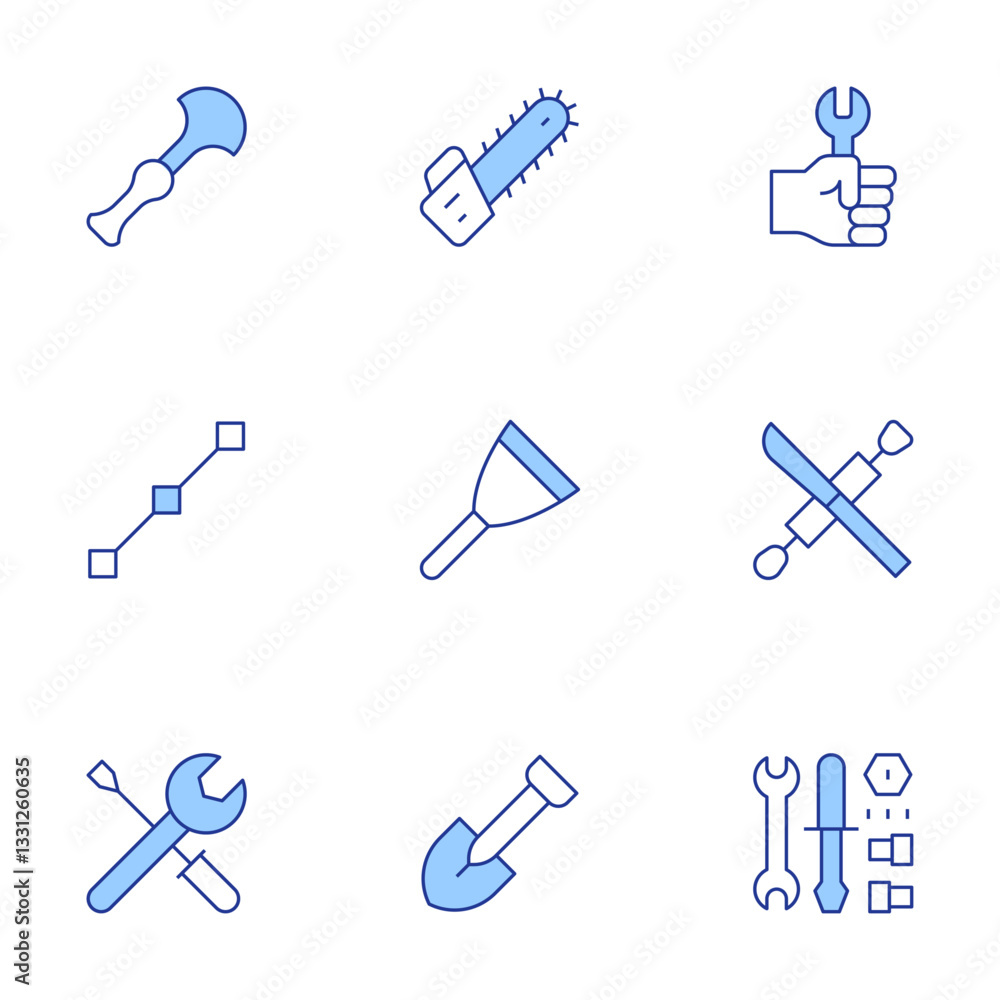 Tools icons set. Line Duotone style, editable stroke. chainsaw, putty knife, shovel, tools, easy installation, line, leather tools, labour day Tools icons set. Line Duotone style, editable stroke. chainsaw, putty knife, shovel, tools, easy installation, line, leather tools, labour day