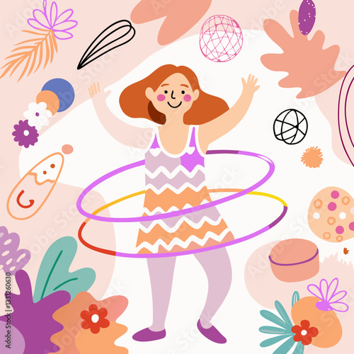 Girl hula-hooping in joyful mood with colorful playful background