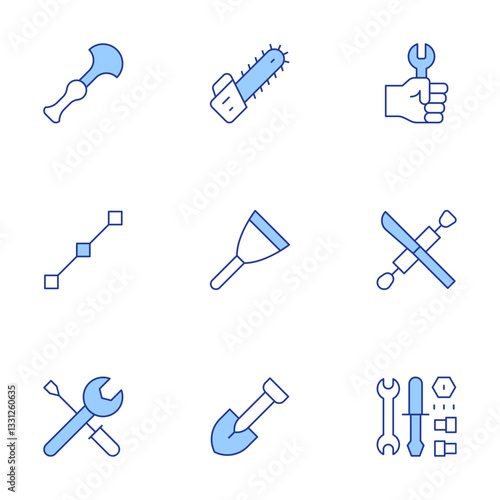 Tools icons set. Line Duotone style, editable stroke. chainsaw, putty knife, shovel, tools, easy installation, line, leather tools, labour day