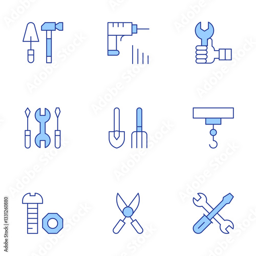 Tools icons set. Line Duotone style, editable stroke. nut, tools, farming tools, drill tool, pruning shears, technical support, wrench, hook