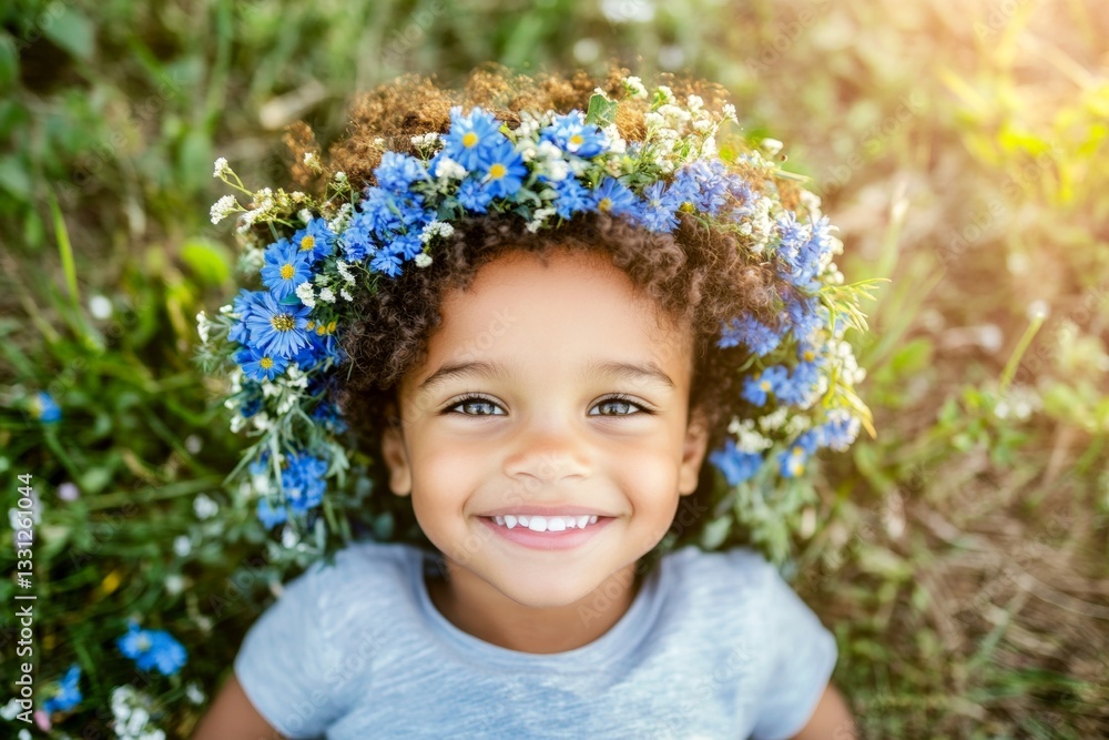 Smiling mixed-race child boy with tt hair wearing blue flower crown on his head. Morning glow. Happy vacation time holidays creative. Bright summer portrait of a boy. Cheerful boy in nature. Smiling mixed-race child boy with tt hair wearing blue flower crown on his head. Morning glow. Happy vacation time holidays creative. Bright summer portrait of a boy. Cheerful boy in nature.