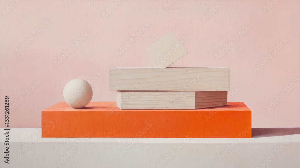 a rectangular wooden box on top of three stacked boxes with one small ball a rectangular wooden box on top of three stacked boxes with one small ball