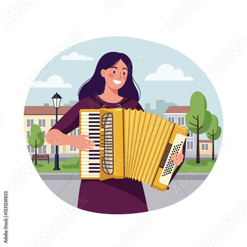 Woman playing accordion in a park with flat and colorful vector illustration