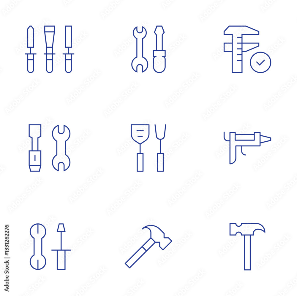 Tools icons set. Thin Line style, editable stroke. tools, repair tools, cooking utensils, hammer, measure, glue gun Tools icons set. Thin Line style, editable stroke. tools, repair tools, cooking utensils, hammer, measure, glue gun