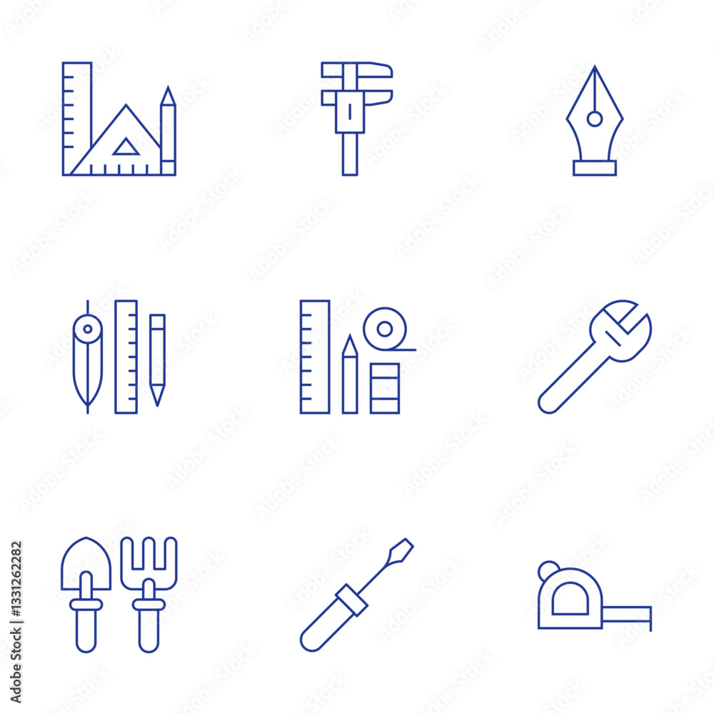 Tools icons set. Thin Line style, editable stroke. wrench, meter, design tools, edit tools, gardening tools, caliper, tools, screwdriver, pen tool Tools icons set. Thin Line style, editable stroke. wrench, meter, design tools, edit tools, gardening tools, caliper, tools, screwdriver, pen tool