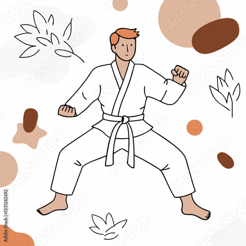 Karate practitioner man in strong stance preparing for a move with minimalist background