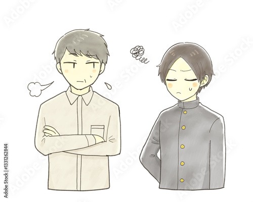 不機嫌そうな男子学生と不安そうなミドル男性