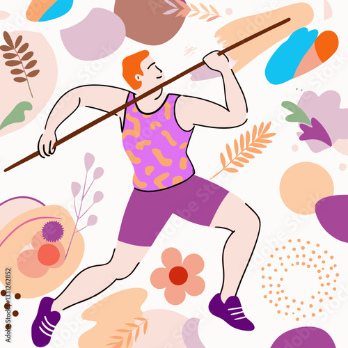 Javelin thrower man in powerful mood preparing to throw with vibrant background