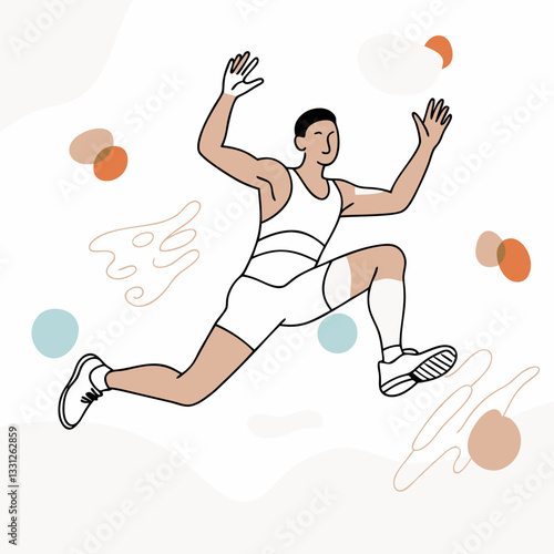 Long jumper man in energetic mood leaping through the air with vibrant background