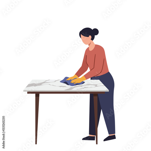 Woman cleaning table surface in minimal flat design vector illustration
