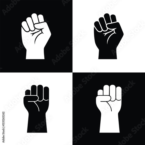Raised fist icon in black and white design