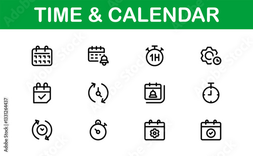 Time and Calendar Icons. Comprehensive Set for Scheduling, Planning, and Time Management Projects