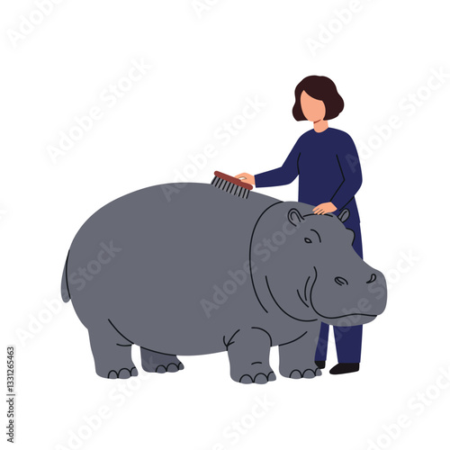 Hippo being groomed by a person in flat minimal vector illustration